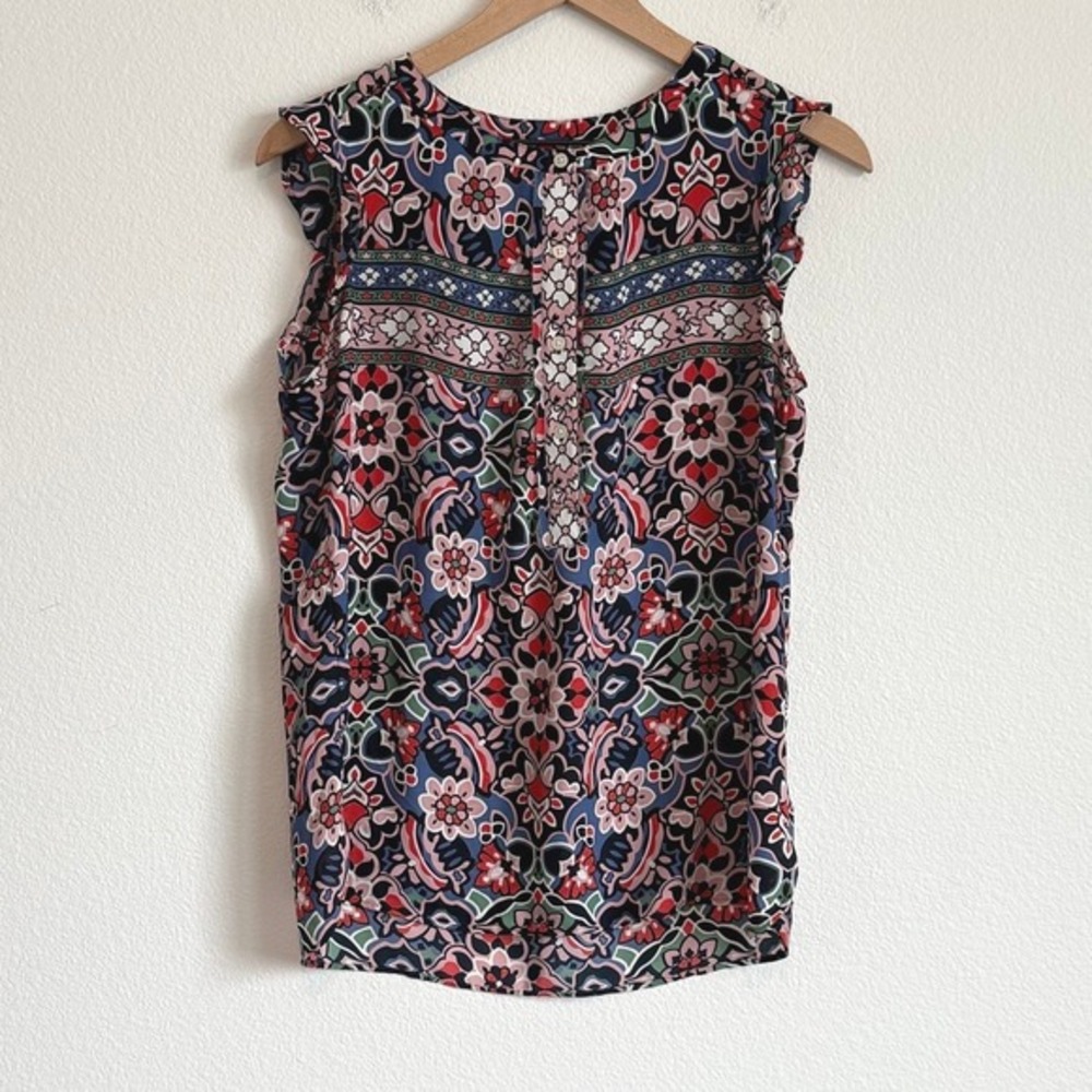 LOFT Boho Ruffle Sleeveless Blouse S Floral Medallion Cottagecore Coquette Top